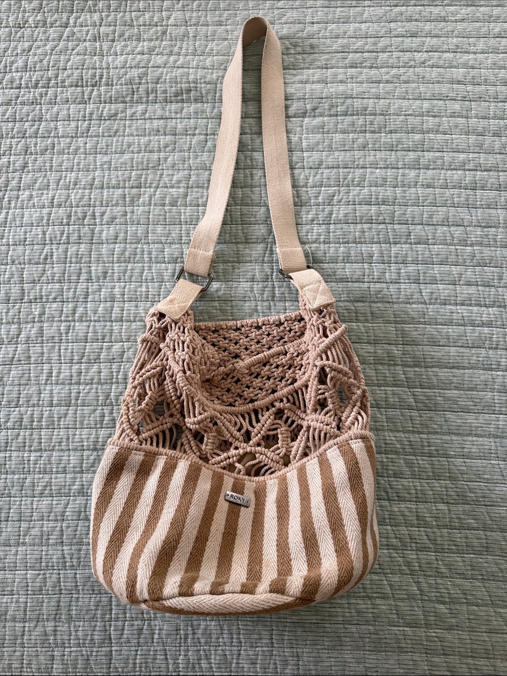 Roxy Beige Crochet & Striped Shoulder Bag